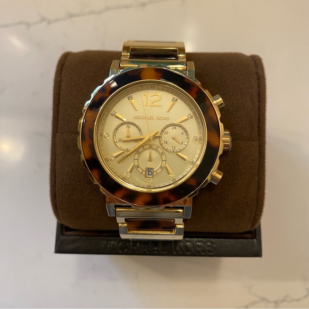 Michael Kors Gold Tone Tortoise Shell Quartz Watch Multifunction VX3J, Unworn